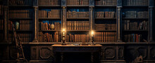 Ancient Gothic Library, Dark And Eerie Library, Magic Medieval Library Full Of Old Ancient Books. Old Wooden Shelves Holding Many Historical Books And Manuscripts.