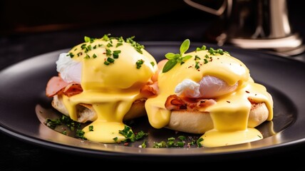 Canvas Print - Eggs Benedict on an English muffin with ham and hollandaise sauce