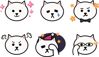 Various face emoticon sets of cartoon white cats. Vector illustration isolated on a transparent background. Includes six patterns.