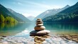 the view from across the water shows a stack of rocks in the middle of a