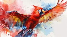 A Cartoon Watercolor Parrot Bird In The Air, Looking Down -- 