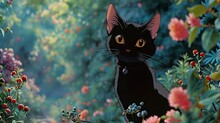 A Black Cat In A Field Of Flowers And Berries