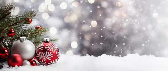 Wall Mural - AI illustration of a Christmas web banner with fir branches, ornaments, and falling snow.