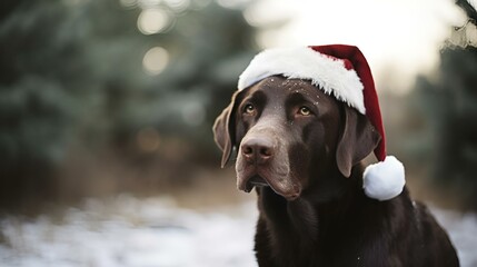 AI generated illustration of a Chocolate Labrador in a Santa Hat