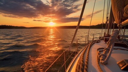 Wall Mural - the sun is setting on the horizon of the water with sailboats