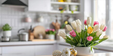 Colorful Tulips In A White Vase With Decorative Easter Eggs On A Modern Kitchen Counter, With A Blurred Background. Web Banner Design