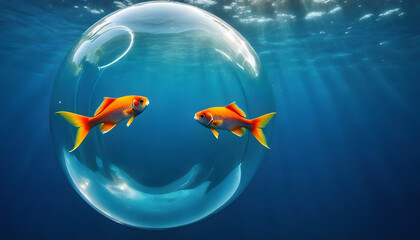 goldfish in air bubble with two fishes inside bubble underwater deep created with generative ai