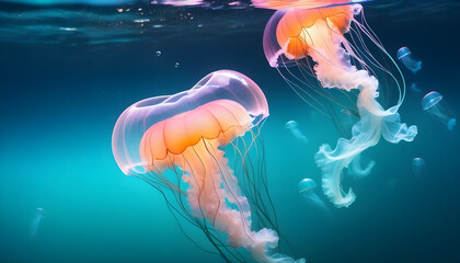 Wall Mural - jelly shaped glowing air bubble underwater with jellyfish. Romantic concept wallpaper created with generative ai