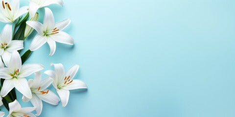 Wall Mural - Spring flowers lily. Bouquet of flowers on pastel background. Valentine's Day, Easter, Birthday, Happy Women's Day, Mother's Day. Flat lay, top view, copy space for text