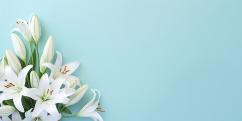 Wall Mural - Spring flowers lily. Bouquet of flowers on pastel background. Valentine's Day, Easter, Birthday, Happy Women's Day, Mother's Day. Flat lay, top view, copy space for text