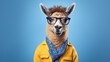A llama with glasses and a yellow jacket on a blue background.