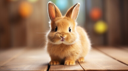 Wall Mural - A close-up of a fluffy tan rabbit on a wooden surface with soft-lit blurred background.