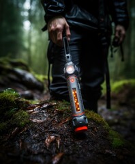 Poster - A person holding a flashlight in the woods. Generative AI.