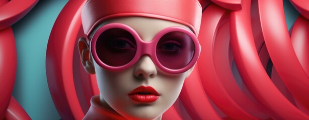 Wall Mural - A stylish woman with red glasses and a pink hat. Generative AI.