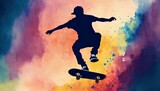 Fototapeta  - スケートボード、飛び越えるスケートボーダー、水彩画｜Skateboard, jumping skateboarder, watercolor painting. Generative AI