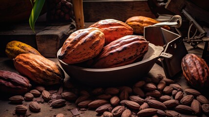 Wall Mural - Portrait cocoa fruit on the table with light exposure AI Generative