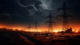 Fototapeta  - Electricity transmission towers with orange glowing wires the starry night sky. Energy infrastructure concept.