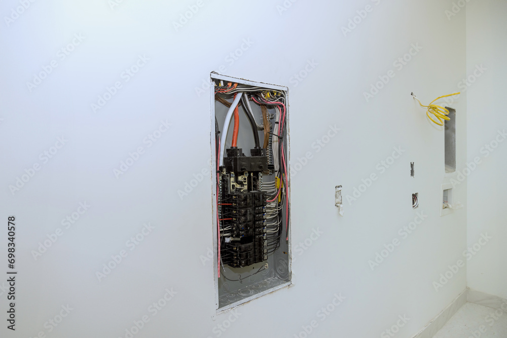 Electrical power control panel switch box is mounted to wooden frame ...