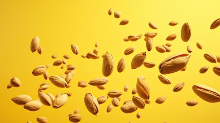 Wall Mural - Portrait almond nuts on the yellow background AI Generative