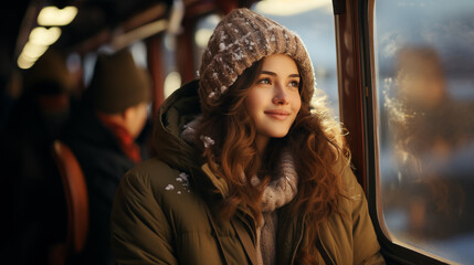 Beautiful young woman in warm clothes is traveling by a bus.