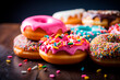 Assorted colorful donuts displayed on a table, creating a tempting and delightful sweet treat arrangement.





