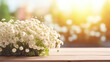 Baby's breath flowers basking in the golden sunlight on a rustic wooden table, a symbol of purity and innocence.
