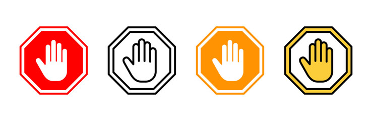 Wall Mural - Stop icon set vector. stop road sign. hand stop sign and symbol. Do not enter stop red sign with hand