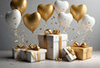 Illustration material of gold and white heart-shaped balloons and a gift box. Background for celebrating Valentine's Day, birthday, etc.