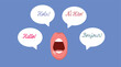 Polyglot Mouth Saying Hello in Many Languages Vector Illustration. Person speaking multiple languages fluently 
