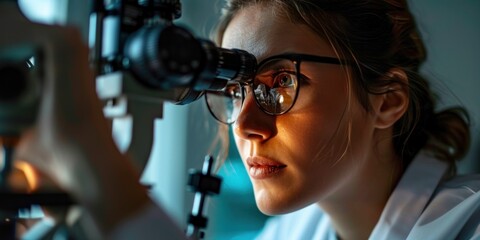 Female doctor at eye clinic with futuristic eye examination equipment doing eye testing and vision treatment