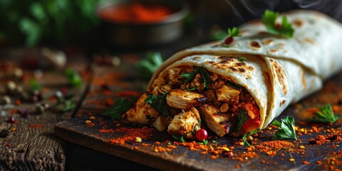 Wall Mural - fresh grilled chicken wrap roll with flying ingredients and spices hot ready to serve
