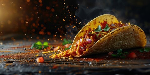Wall Mural - Fresh hot tacos with flying ingredients isolated on a black background. Hot banner ready to serve and eat