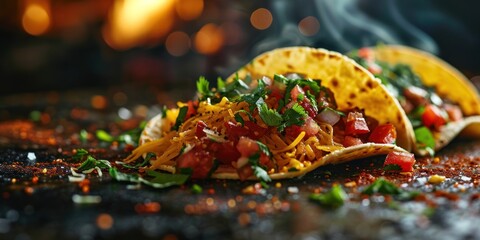 Wall Mural - Fresh hot tacos with flying ingredients isolated on a black background. Hot banner ready to serve and eat