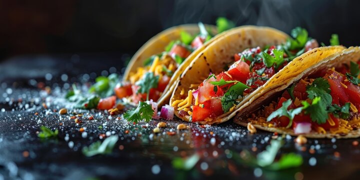 Fresh hot tacos with flying ingredients isolated on a black background. Hot banner ready to serve and eat