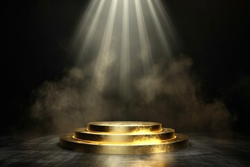 Wall Mural - Gold podium on dark background with smoke. Empty pedestal for award ceremony