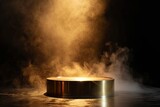 Fototapeta Perspektywa 3d - Gold podium on dark background with smoke. Empty pedestal for award ceremony