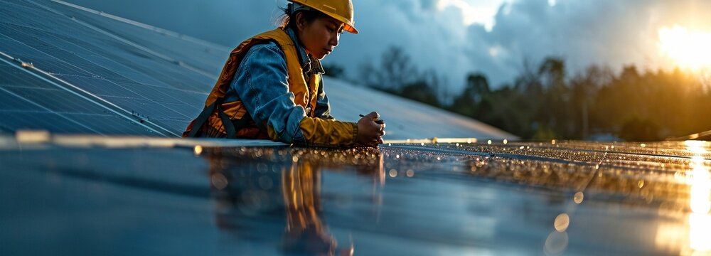 Asian engineer employed by a floating solar power plant dedicated to sustainable energy.