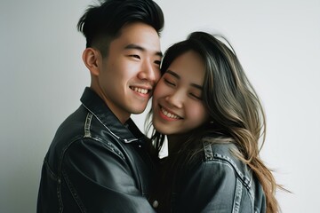 Wall Mural - romantic young asian couple smiling and hugging each other while standing against white background. generative AI