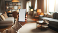 Mockup image of a woman's hand holding smartphone with blank white screen in the living room