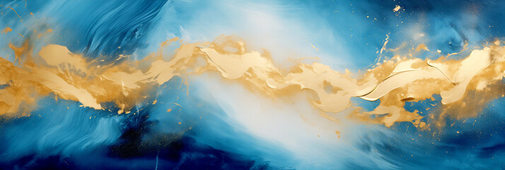 Canvas Print - A Blue and Yellow Wave of Paint on a Black Background, a Picture, Action Painting.
