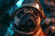 A cute pug dog wearing a space helmet