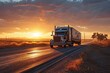 A large truck driving down a road during sunset