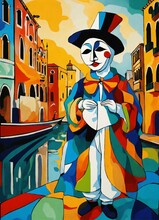 Crying Pierrot Against The Backdrop Of Venice In The Style Of Picasso