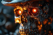 A Close-up Of A Robotic Skull With Glowing Red Eyes And A Clock Face