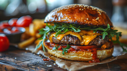 Large juicy burger with cutlet, cheese, vegetables and fries