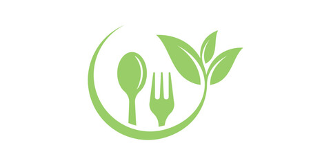Wall Mural - healthy food logo design with cutlery and leaf elements.