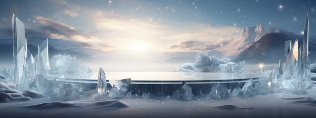 Sticker - Ice background podium cold winter snow product platform floor frozen mountain iceberg. Podium glacier cool ice background stage landscape display icy stand 3d water nature pedestal arctic concept cave