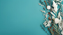 Elegant White And Dried Flowers Artistically Arranged On A Vibrant Teal Background With Ample Copy Space.