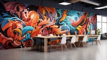 An Artistic Co-working Space With A 3D Wall Mockup Featuring Collaborative Mural Designs.