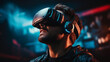Man wear VR Glasses in metaverse world futuristic technology concept